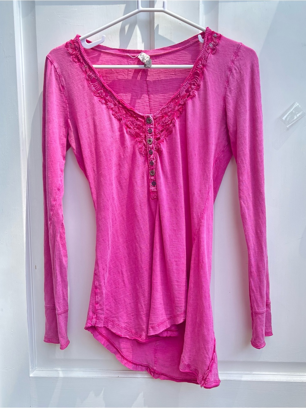Free People Long-Sleeve Button Henley in Bright Pink - Picture 2 of 8